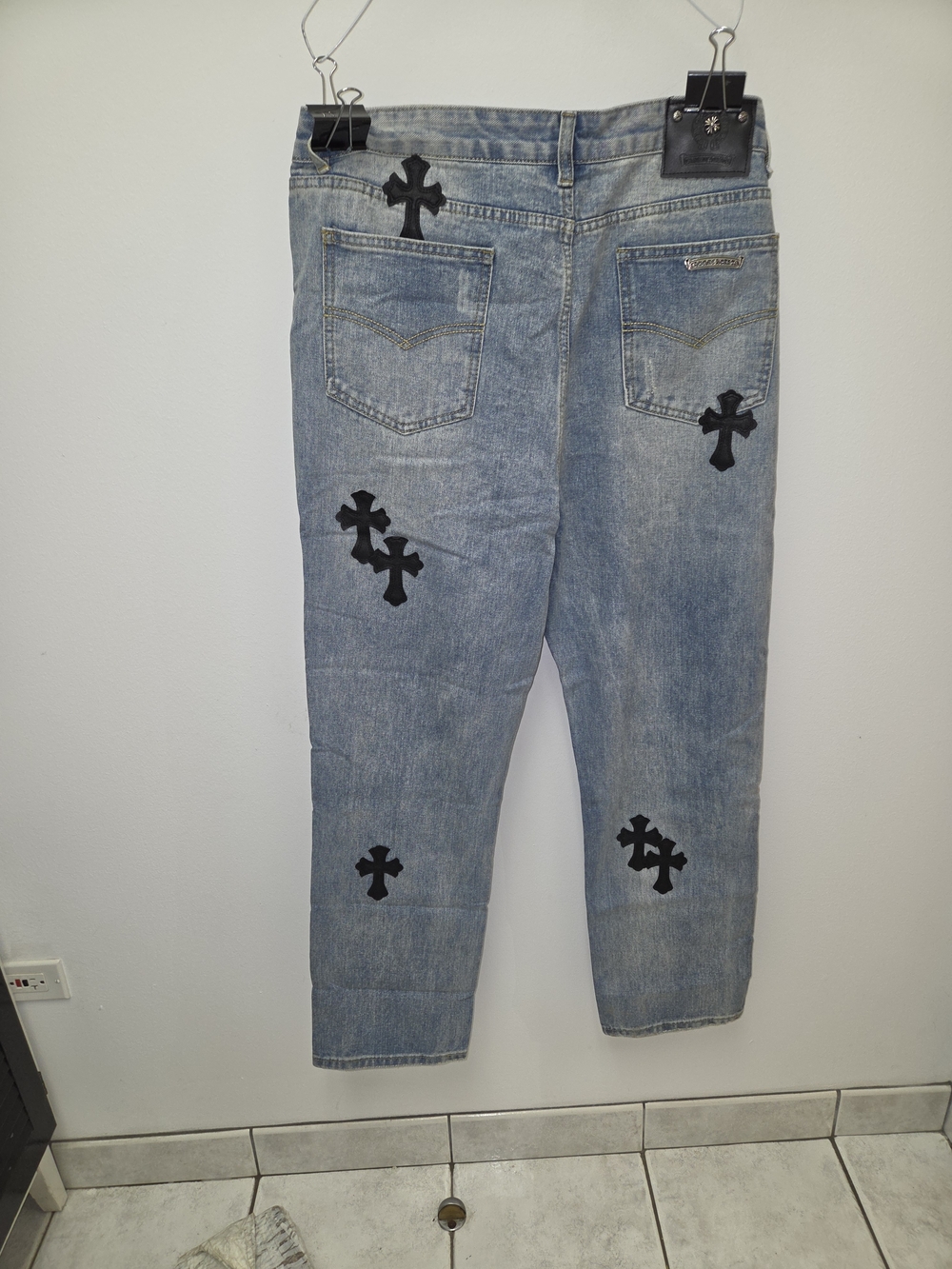 Chrome Hearts Light Blue Relaxed Denim Jeans with Black Cross Appliqués